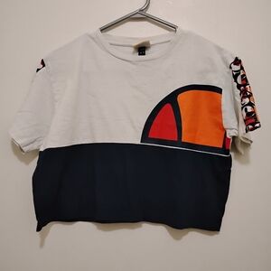 Ellesse Cropped Colorblock Logo Tee | Sample | Blue White Orange Red